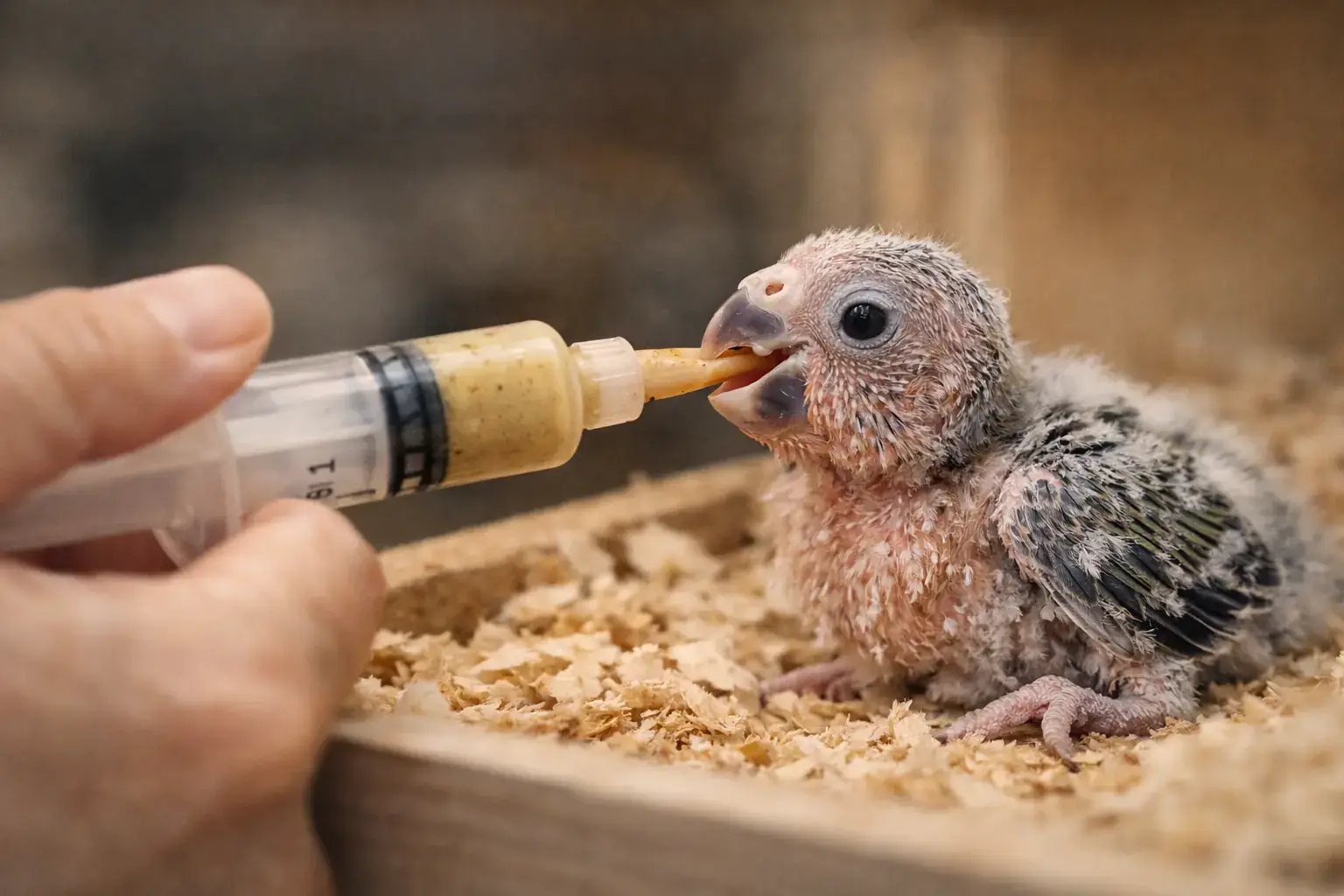 Кормление птенца попугая со шприца: аккуратный профессиональный подход
