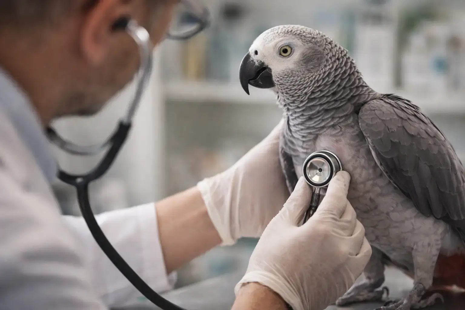 Осмотр попугая у специалиста: бережная фиксация и спокойная диагностика