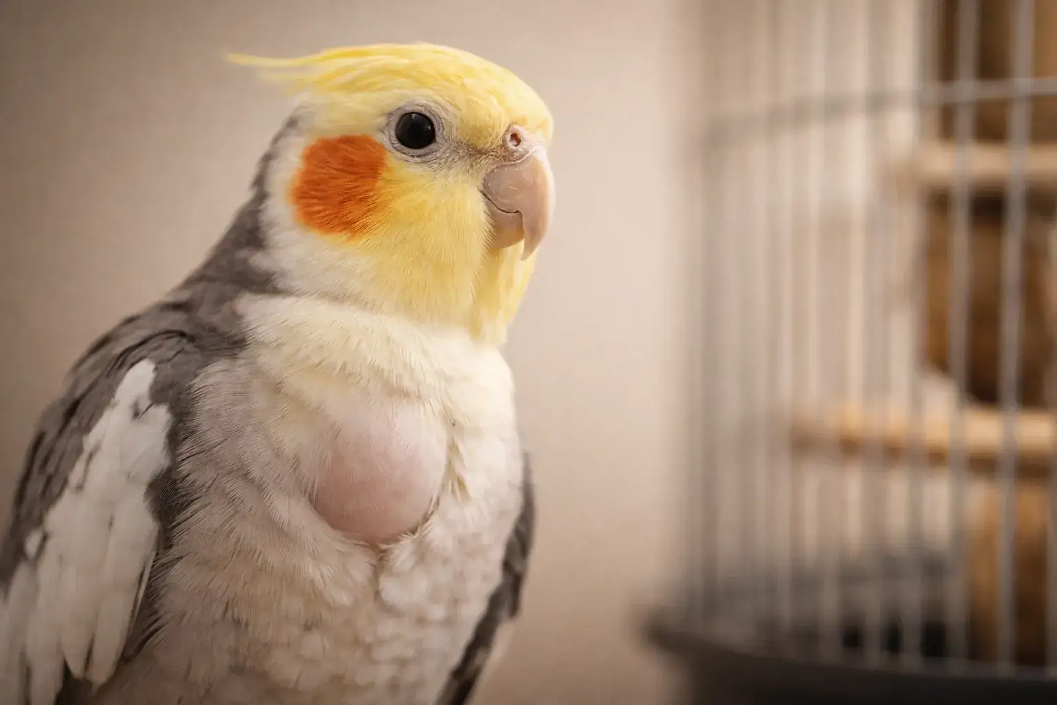 Попугай в спокойной домашней обстановке: зона шеи и верхней груди