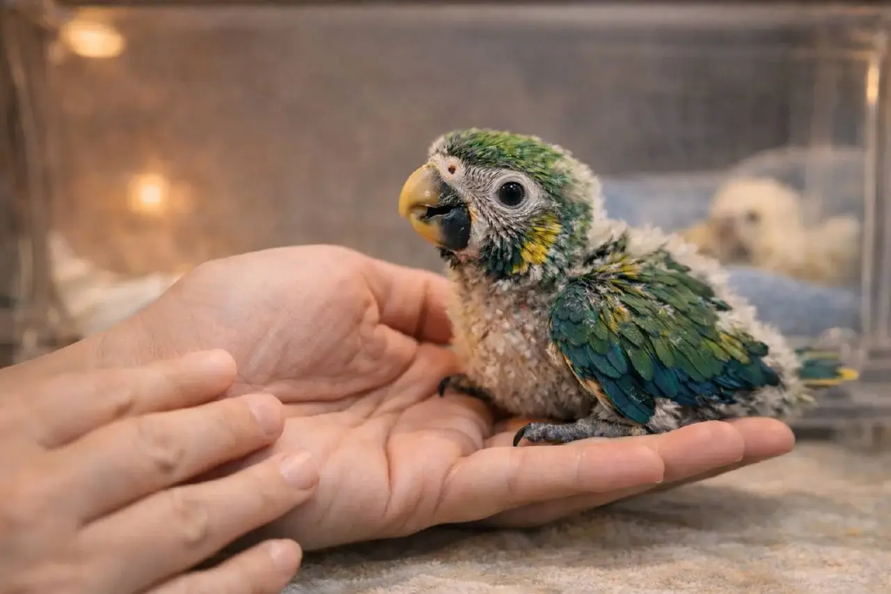 Ручной птенец попугая (выкормыш) спокойно сидит на ладони