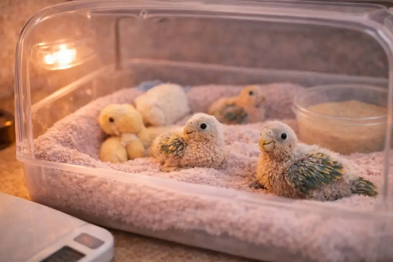 Гнездо и подросший птенец попугая: этап перехода от родителей к докорму