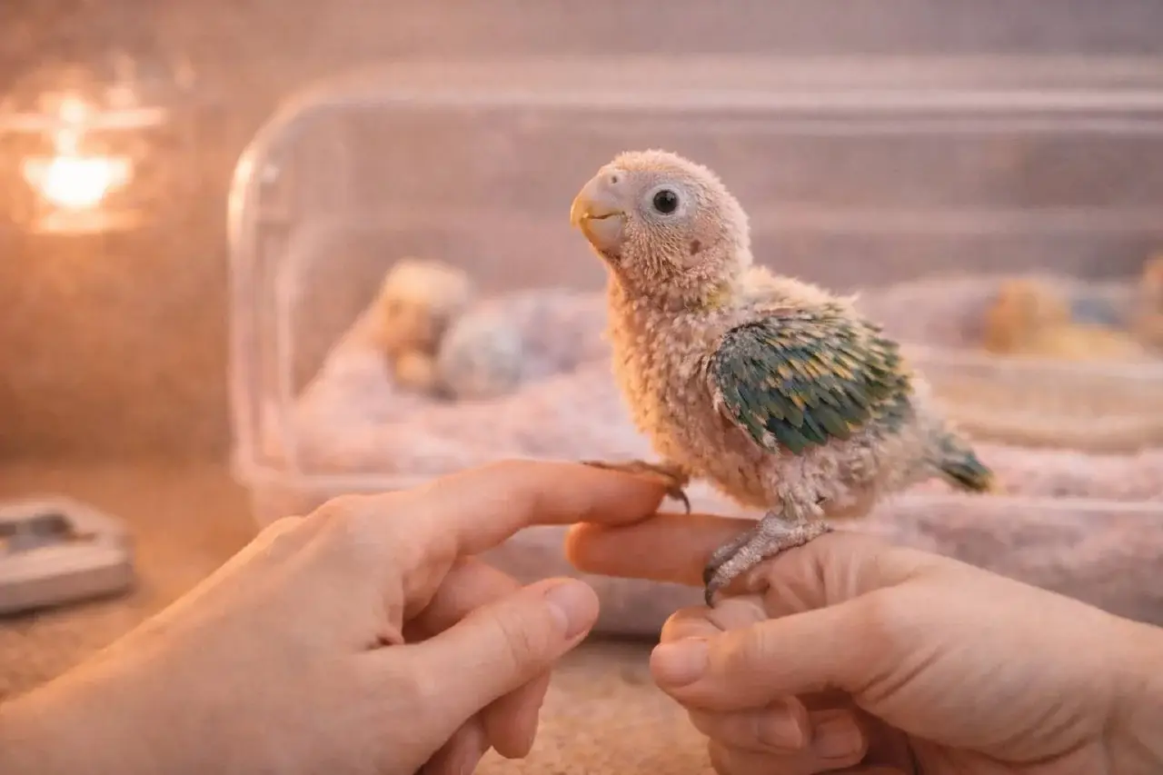 Птенец попугая изучает руку без принуждения: мягкая социализация