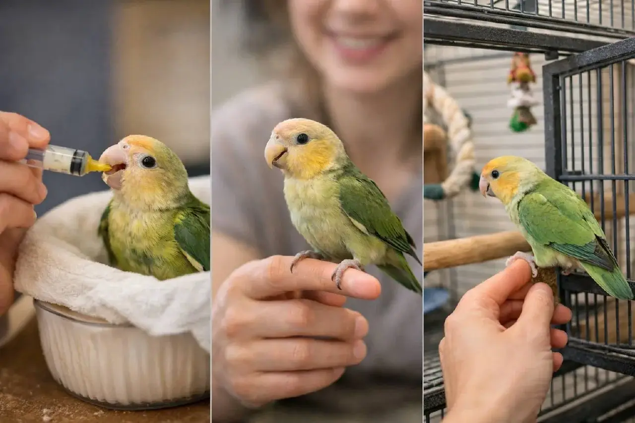 Выкормыш попугая тренирует уверенность: спокойный выход на руку и возвращение в клетку