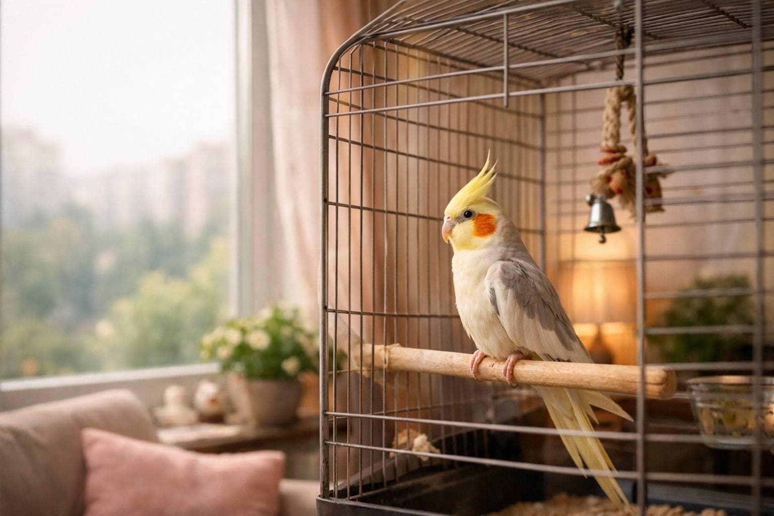 Попугай в клетке у окна: спокойная домашняя обстановка перед уходом хозяев