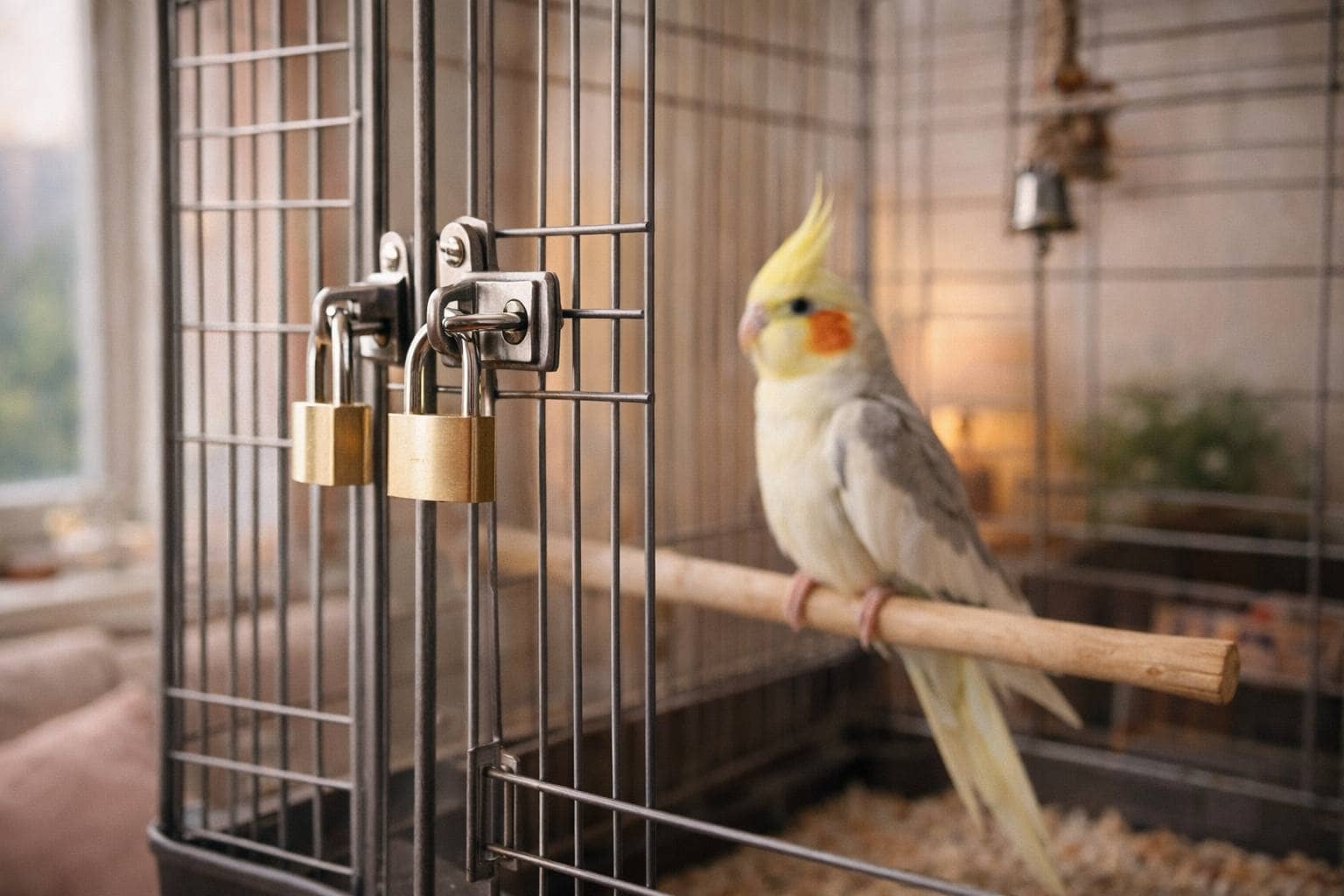 Клетка попугая с надежными замками и безопасными аксессуарами