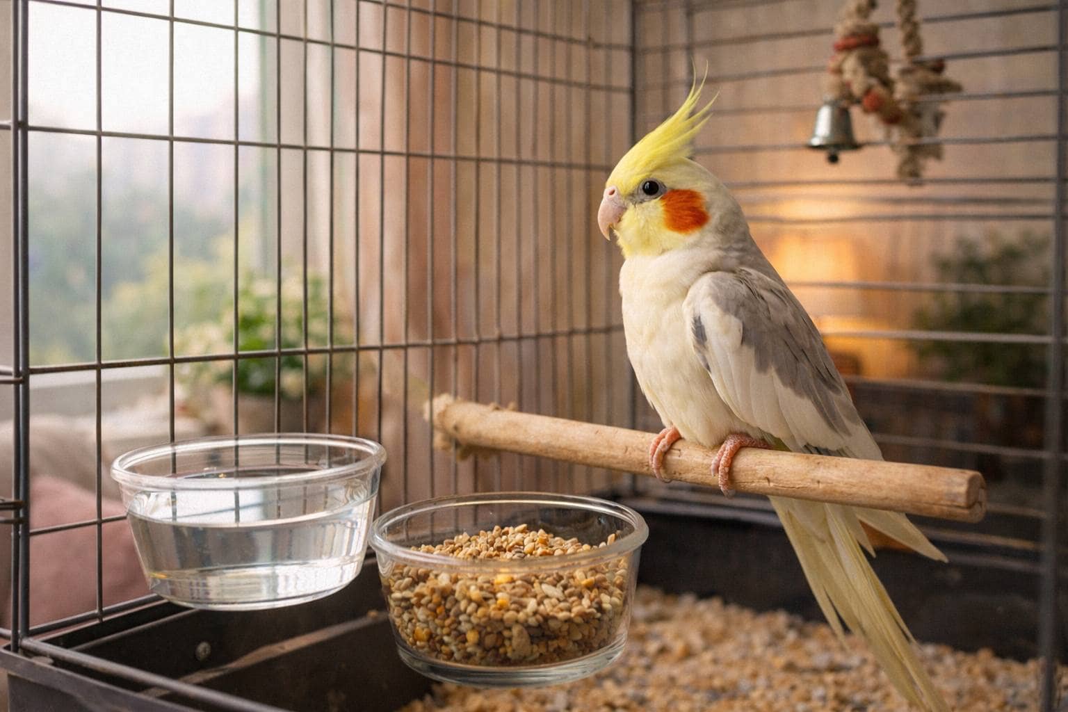 Спокойный попугай на жердочке внутри клетки: порядок, вода и корм