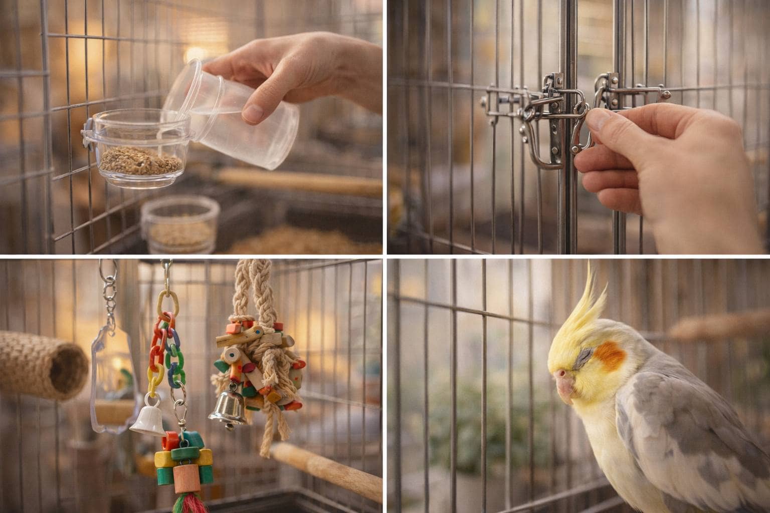 Организованная клетка попугая: вода, корм и безопасные игрушки