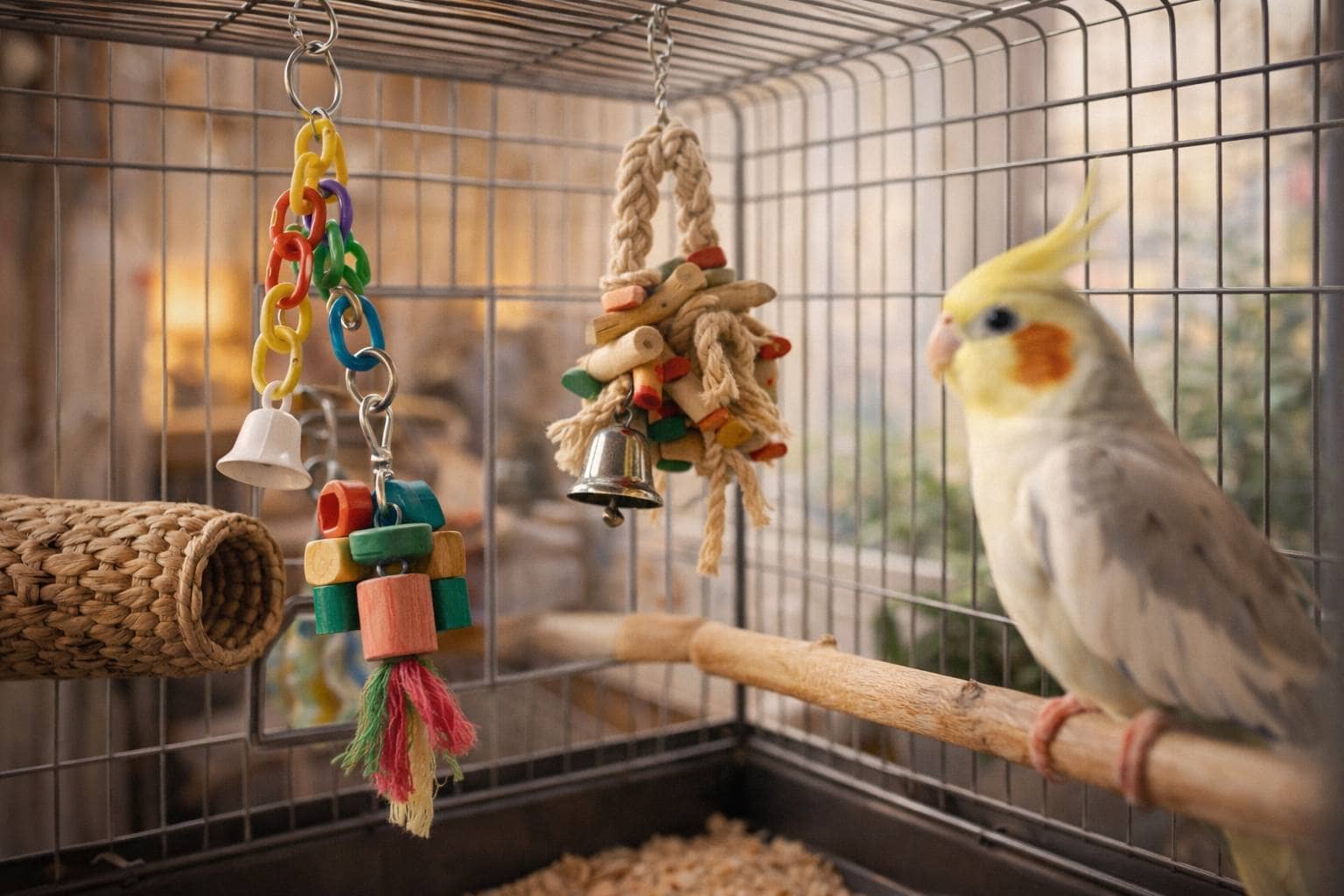 Игрушки для попугая в клетке: безопасные элементы для разгрызания и занятости
