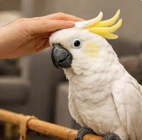 Белый какаду с жёлтым хохолком — адаптация в новом доме