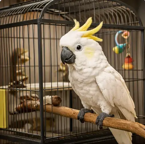 Белый какаду с жёлтым хохолком в клетке — выбор клетки
