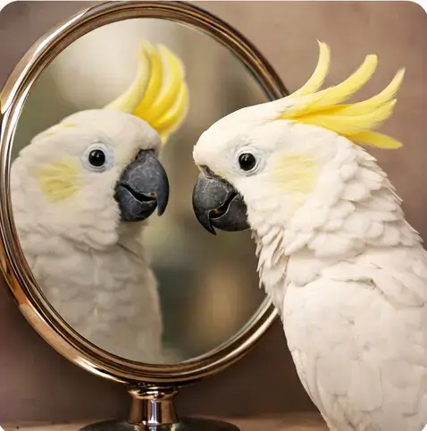Белый какаду с жёлтым хохолком смотрит в зеркало — поведение и психология