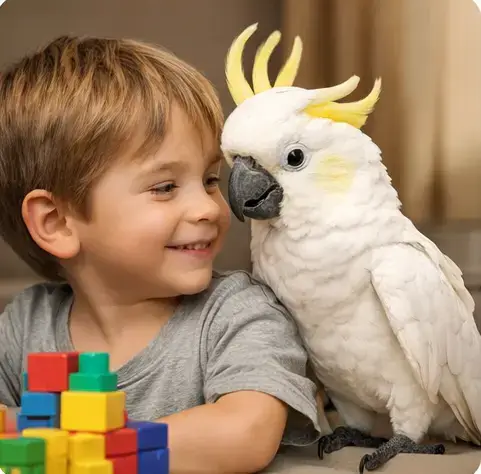 Белый какаду с жёлтым хохолком рядом с ребёнком — безопасное общение