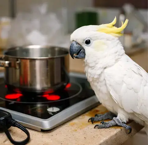 Белый какаду с жёлтым хохолком рядом с бытовыми рисками — безопасность дома