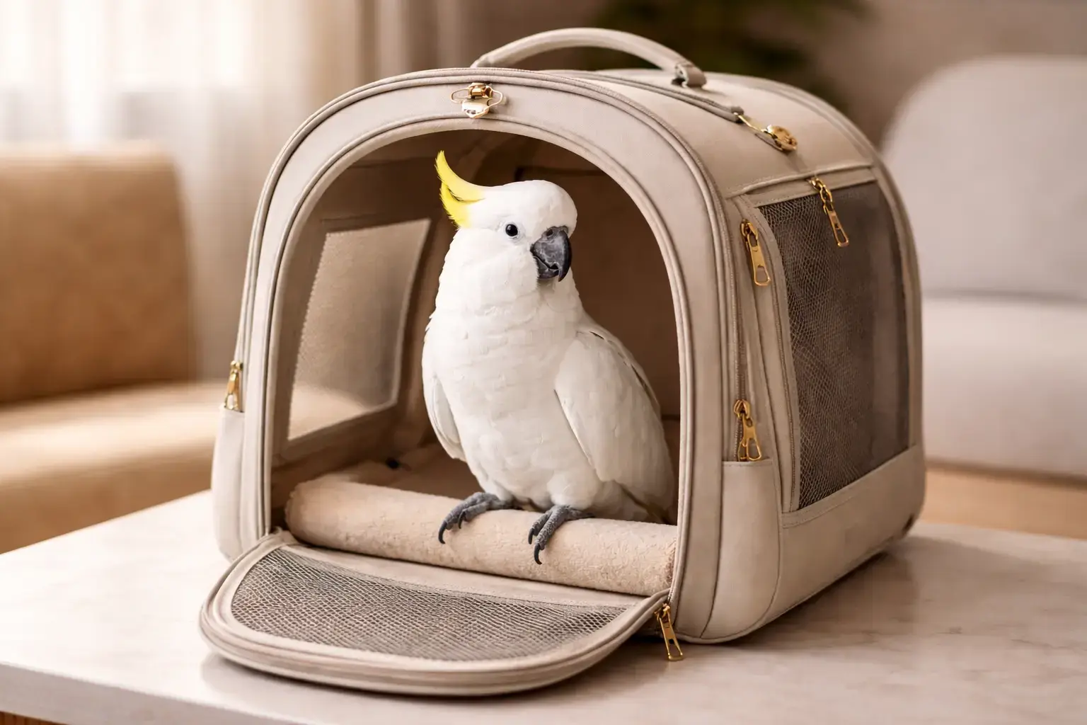 Попугай и переноска в спокойной обстановке: пример безопасной организации поездки