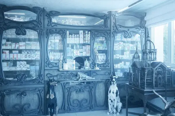 Интерьер ветеринарной аптеки: витрины с препаратами и зона обслуживания