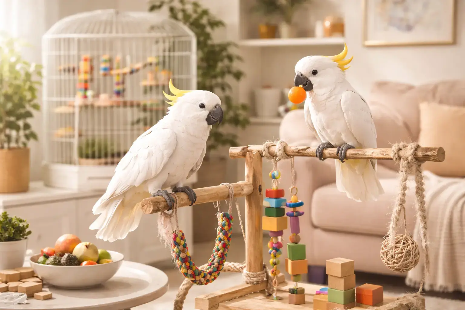 Попугай в домашней обстановке: клетка, игрушки и спокойное освещение