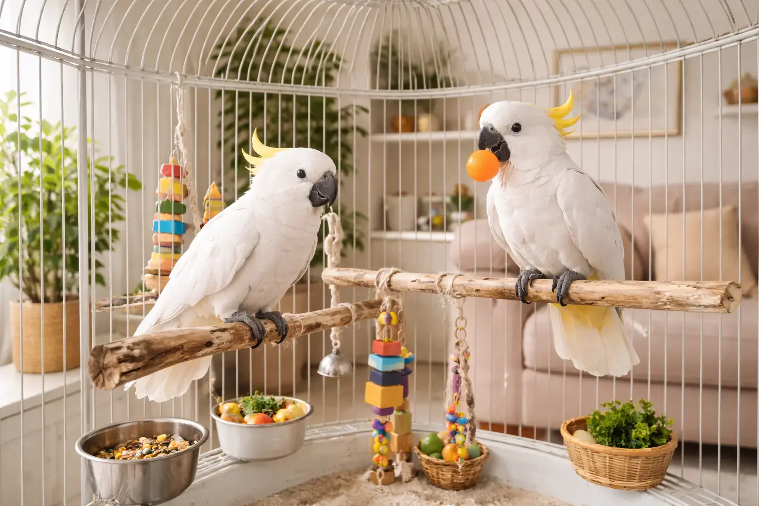 Пример просторной клетки с безопасными жердочками и игрушками