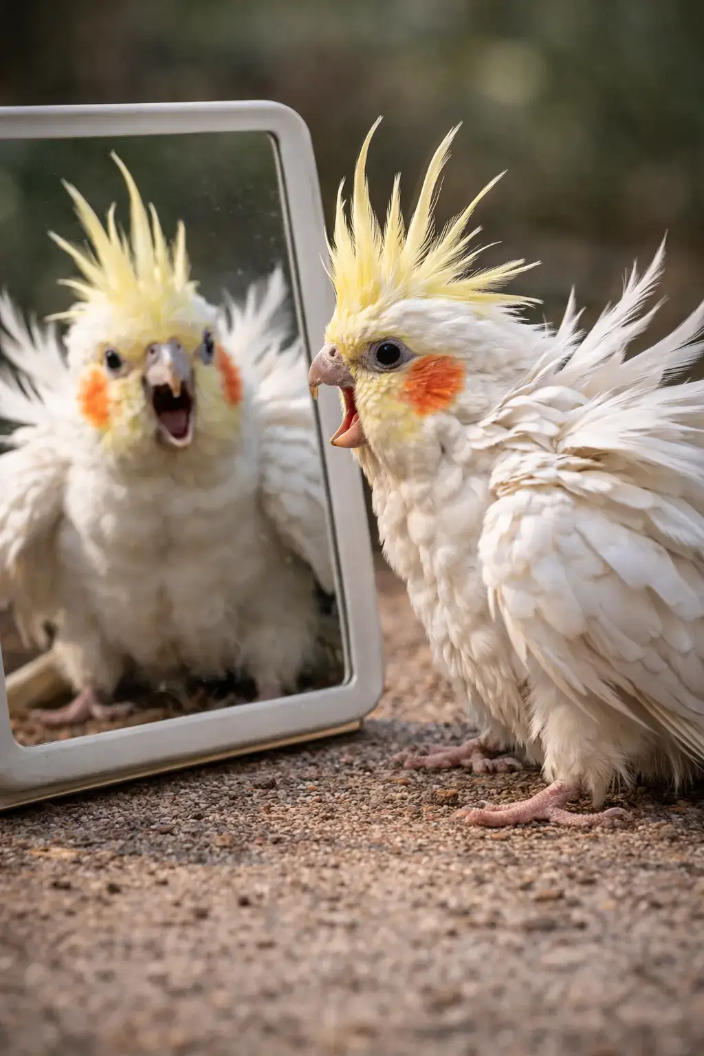 Белый какаду с жёлтым хохолком — зеркало и поведение