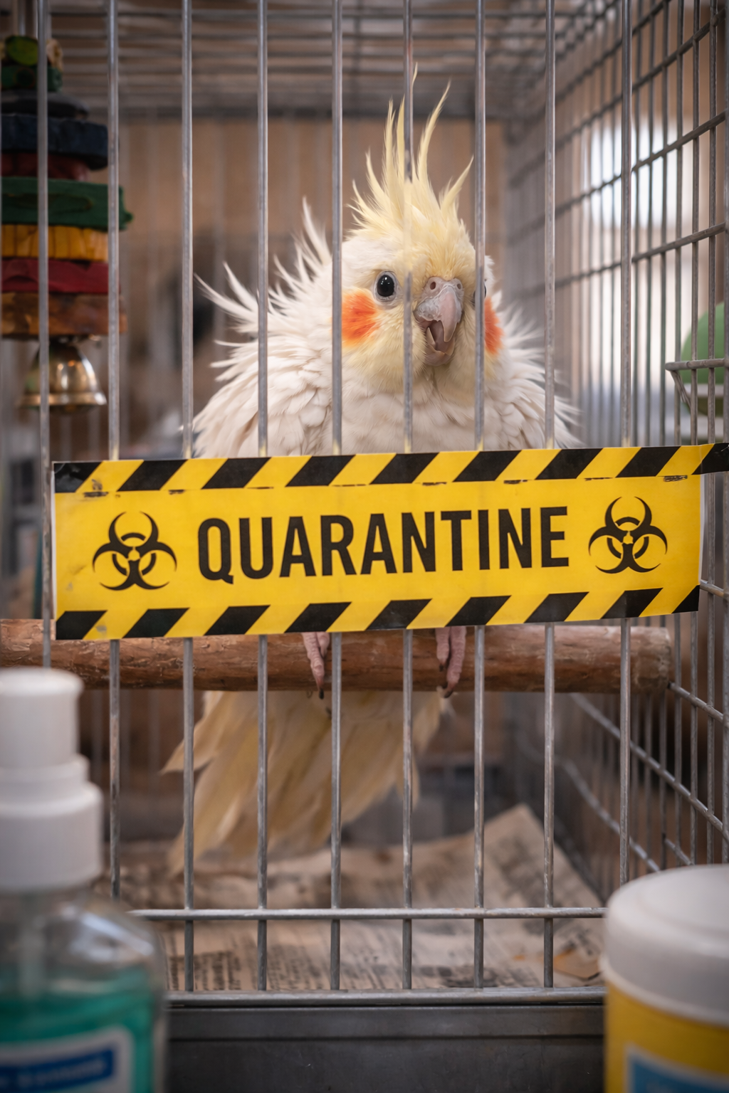 Белый какаду с жёлтым хохолком — карантин и гигиена