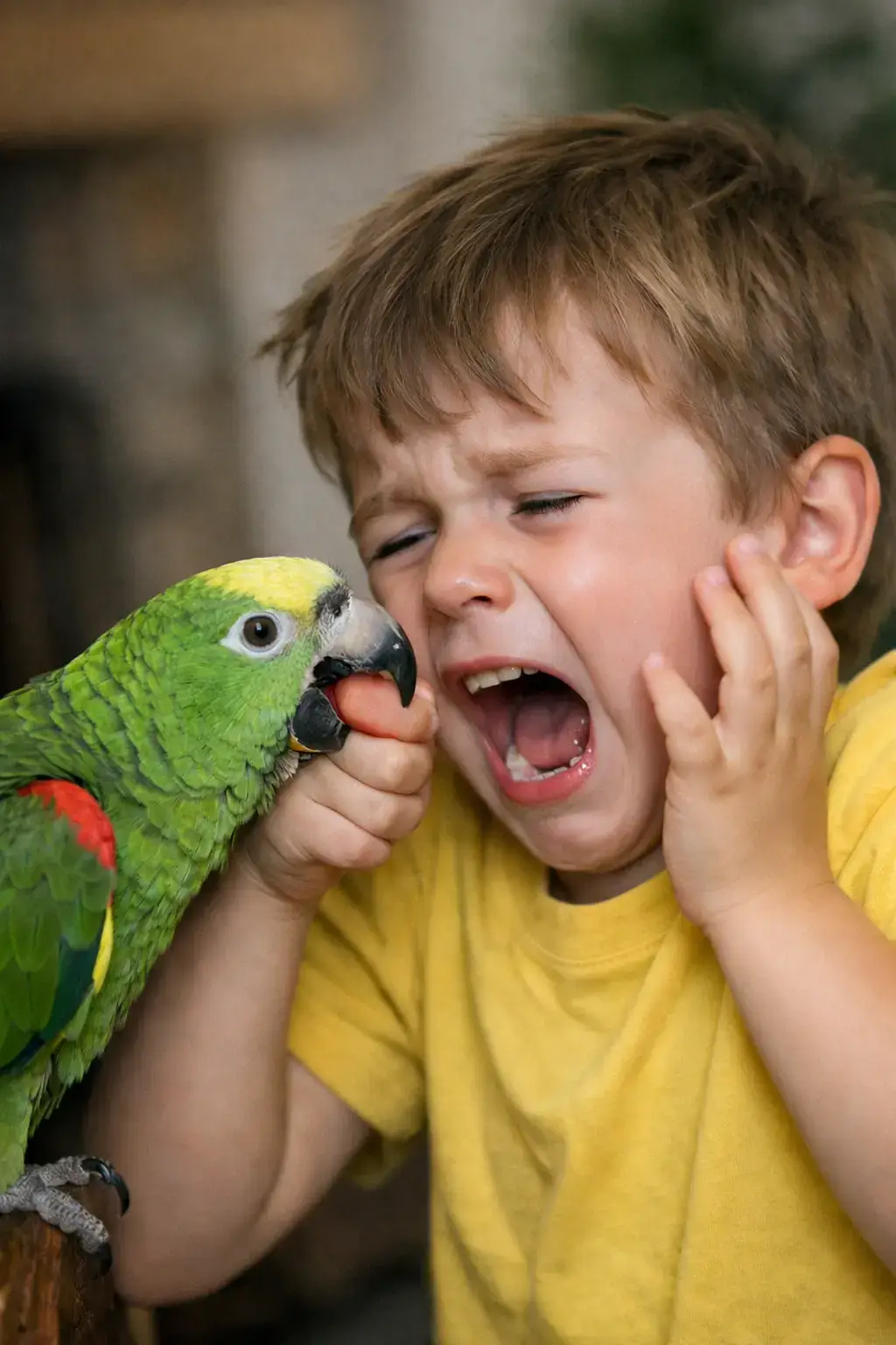 Белый какаду с жёлтым хохолком — ребёнок и попугай