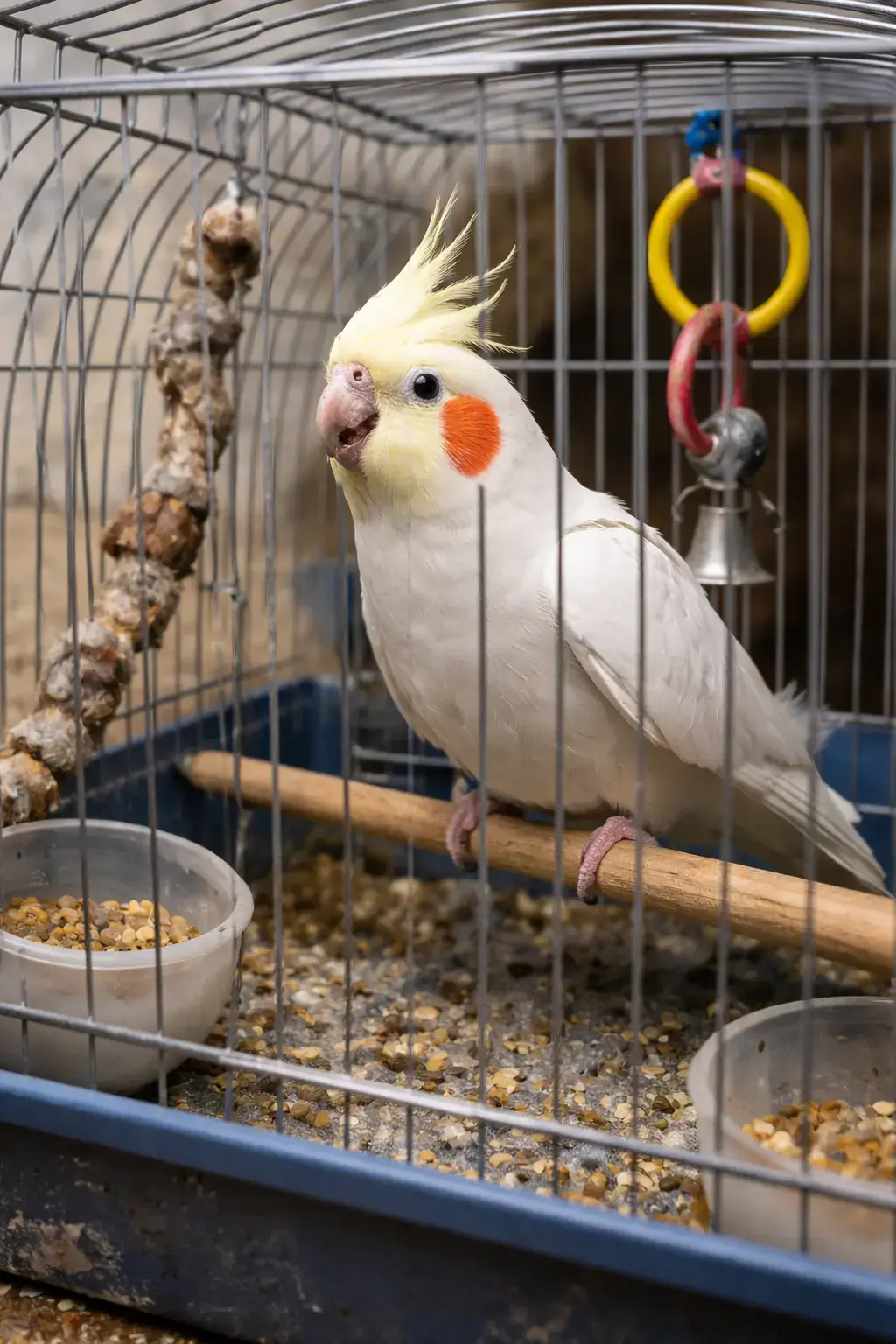 Белый какаду с жёлтым хохолком — клетка и комфорт