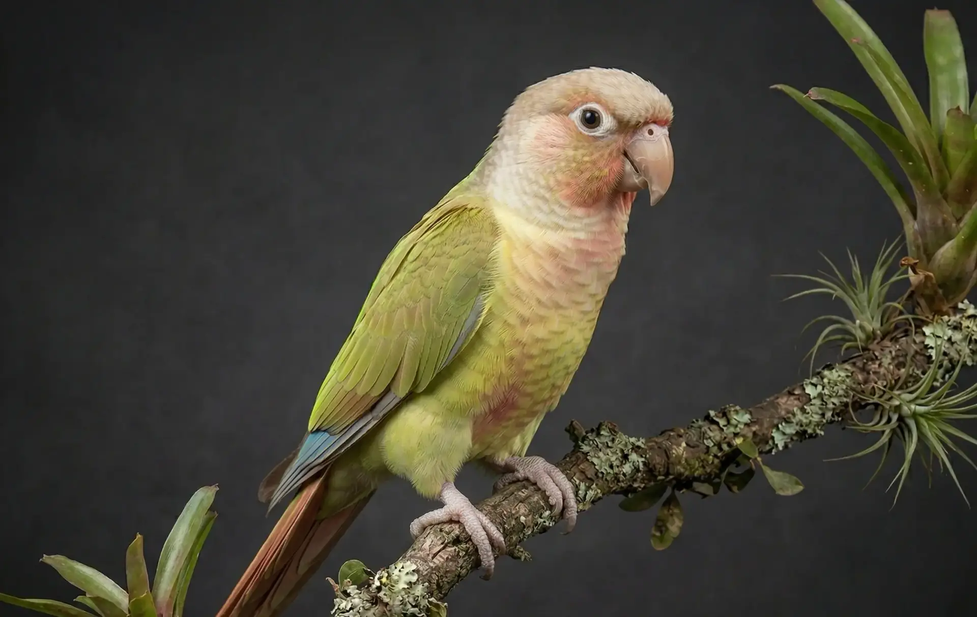 Попугай Пиррура Молине Корица крупным планом — нежная пастельная мутация Pyrrhura molinae cinnamon